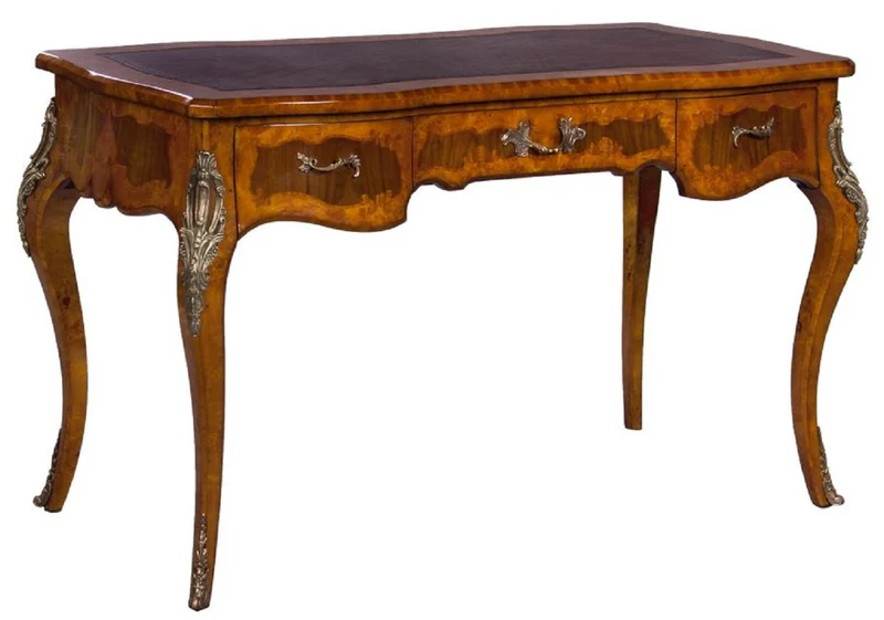 Casa Padrino Luxus Barock Schreibtisch Hellbraun / Dunkelbraun / Rot - Handgefertigter Massivholz Sekretär mit 3 Schubladen - Edle Barock Büro Möbel