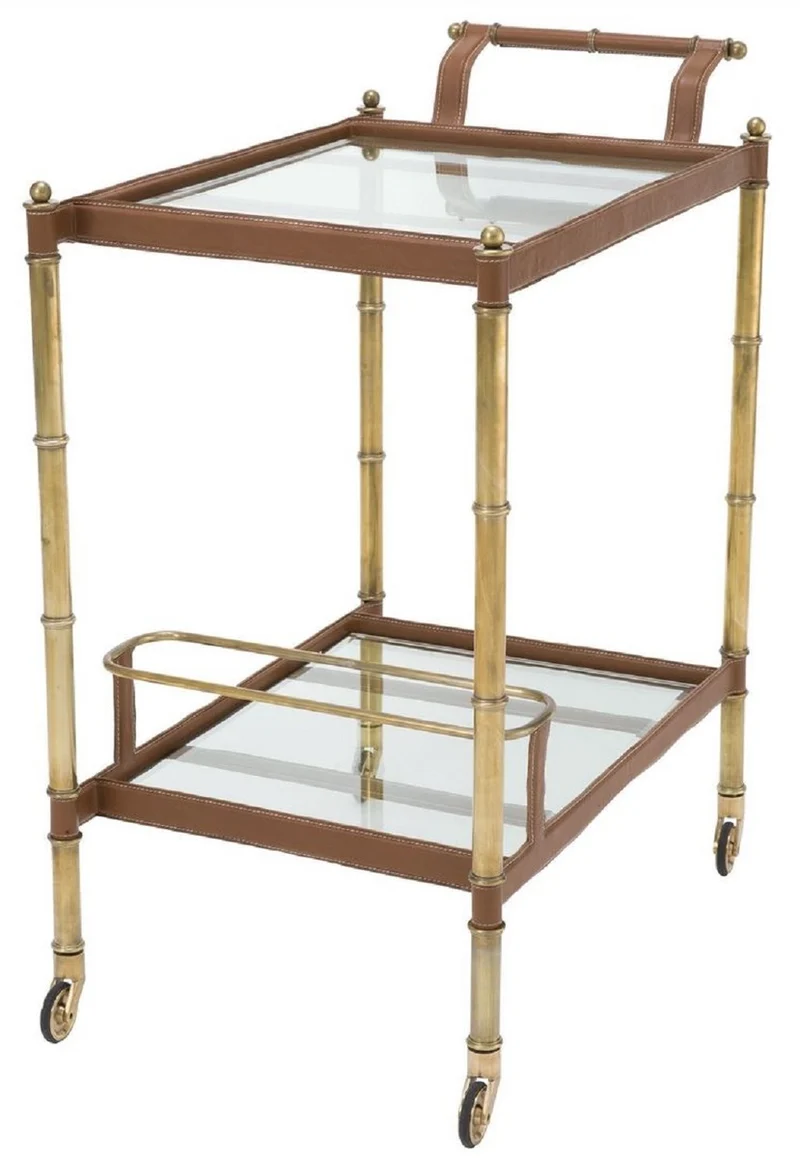 Casa Padrino Luxus Servierwagen Vintage Messingfarben / Braun 74 x 44,5 x H. 84 cm - Hotel Restaurant Gastronomie Trolley - Luxus Accessoires