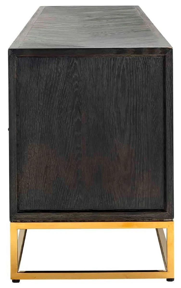 Casa Padrino Luxus TV Schrank Schwarz / Gold 220 x 42,5 x H. 60 cm - Massivholz Sideboard mit 4 Türen - Wohnzimmer Möbel - Hotel Möbel - Luxus Kollektion