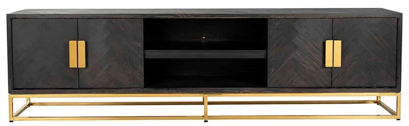 Casa Padrino Luxus TV Schrank Schwarz / Gold 220 x 42,5 x H. 60 cm - Massivholz Sideboard mit 4 Türen - Wohnzimmer Möbel - Hotel Möbel - Luxus Kollektion