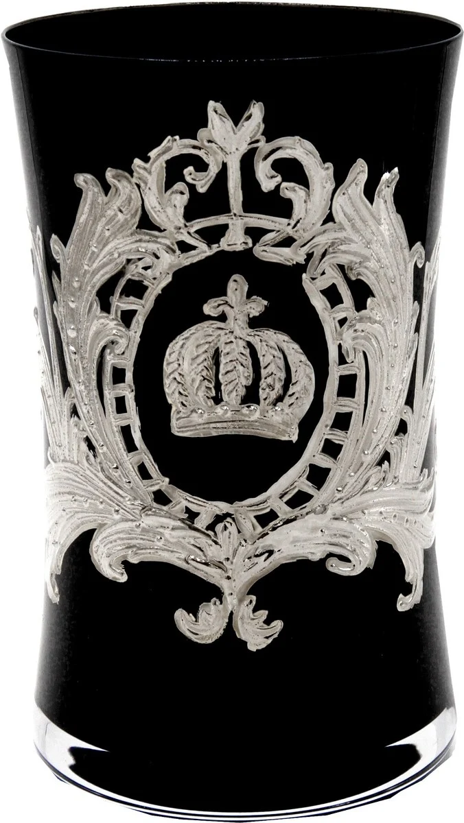Pompöös by Casa Padrino Luxus Wasserglas mit edler Platin Beschichtung Schwarz / Silber Ø 8 x H. 13 cm - Pompööses Trinkglas designed by Harald Glööckler