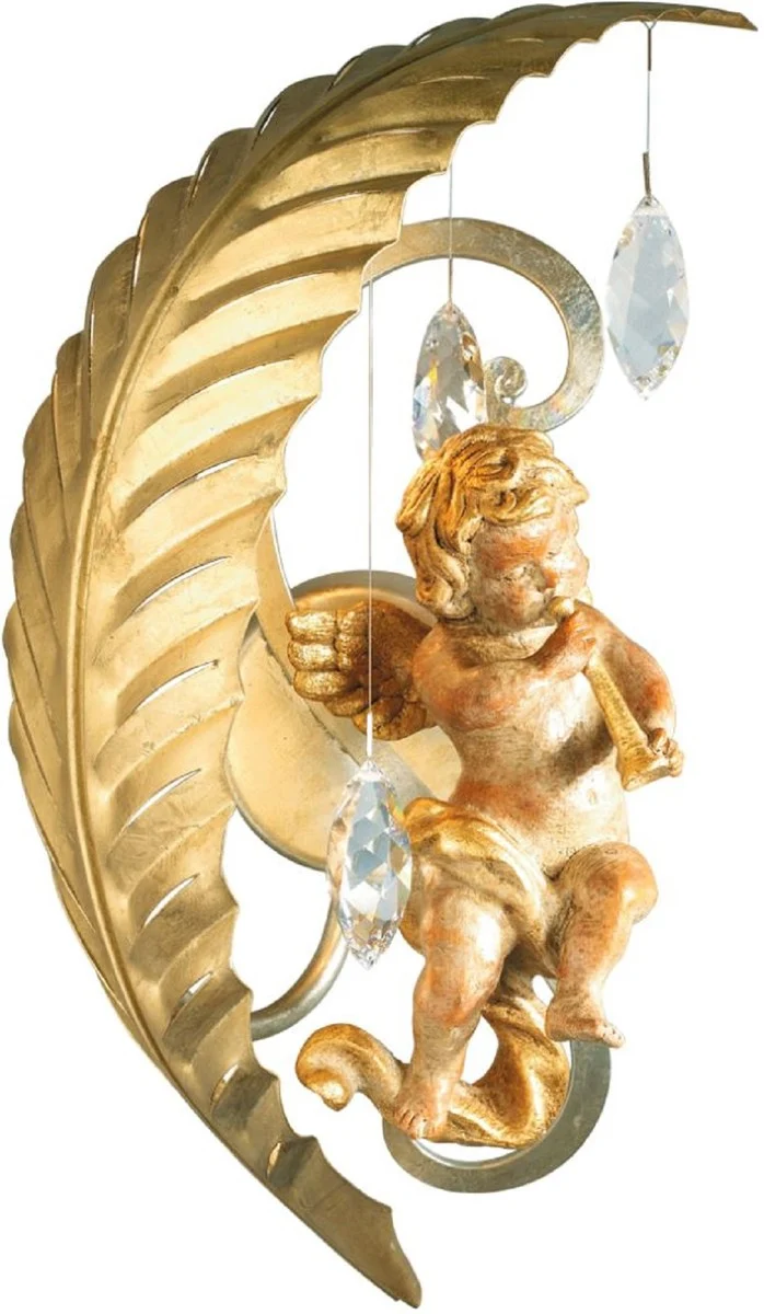 Casa Padrino Luxus Jugendstil LED Wandleuchte Engel Gold 18 x 17 x H. 35 cm - Elegante Metall Wandleuchte mit Swarovski Kristallglas - Barock & Jugendstil Wandleuchten