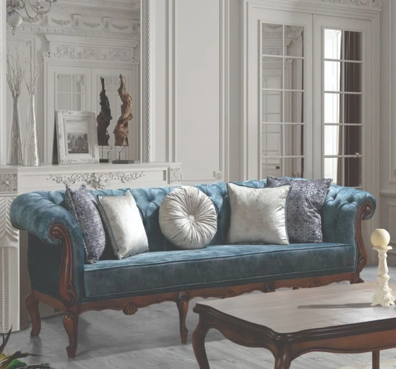 Casa Padrino Luxus Barock Wohnzimmer Set Blau / Grau / Braun - 2 Sofas & 2 Sessel & 1 Couchtisch - Wohnzimmer Möbel im Barockstil - Edel & Prunkvoll