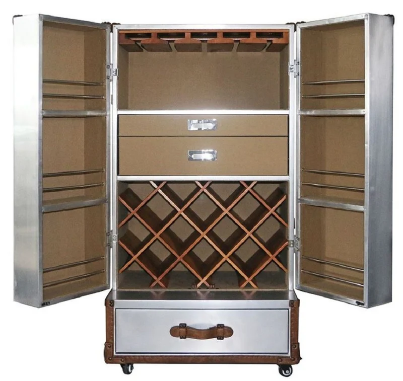 Casa Padrino Luxus Weinschrank Silber / Braun 63 x 52 x H. 130 cm - Aluminium Kofferschrank mit Echtleder - Barschrank im Koffer Design - Luxus Bar Möbel