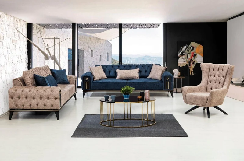 Casa Padrino Luxus Chesterfield Schlafsofa Blau / Schwarz / Gold 220 x 90 x H. 80 cm - Modernes Wohnzimmer Sofa - Chesterfield Wohnzimmer Möbel