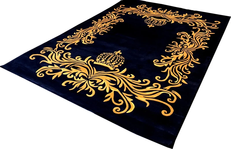 Pompöös by Casa Padrino Luxus Teppich von Harald Glööckler 200 x 290 cm Krone Royalblau / Gold - Barock Design Teppich - Handgewebt aus Wolle