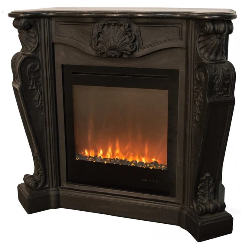 Casa Padrino Luxus Jugendstil Kamin mit LED Kamineinsatz Schwarz 118 x 43 x H. 111 cm - Luxus Elektrokamin Barock Design
