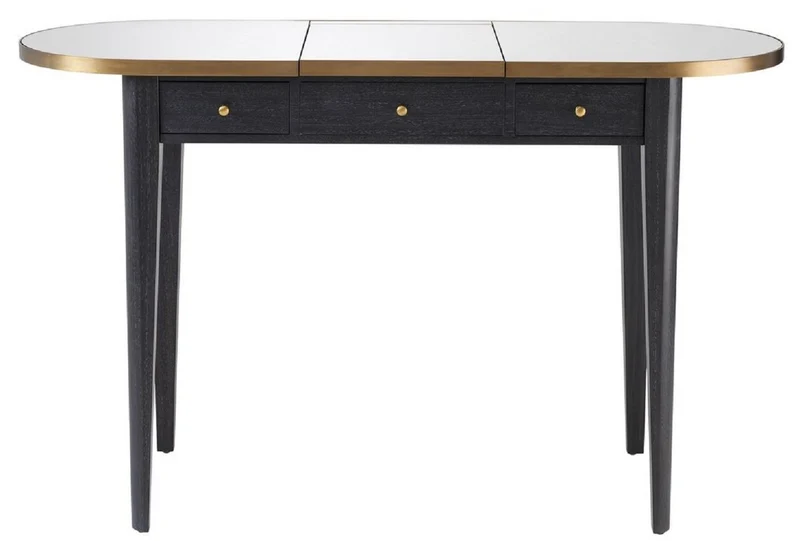 Casa Padrino Luxus Schminktisch Anthrazit / Messing 126 x 47 x H. 78,5-119,5 cm - Mahagoni Schmink Konsole mit ausklappbarem Spiegel und 3 Schubladen - Luxus Schlafzimmer Möbel