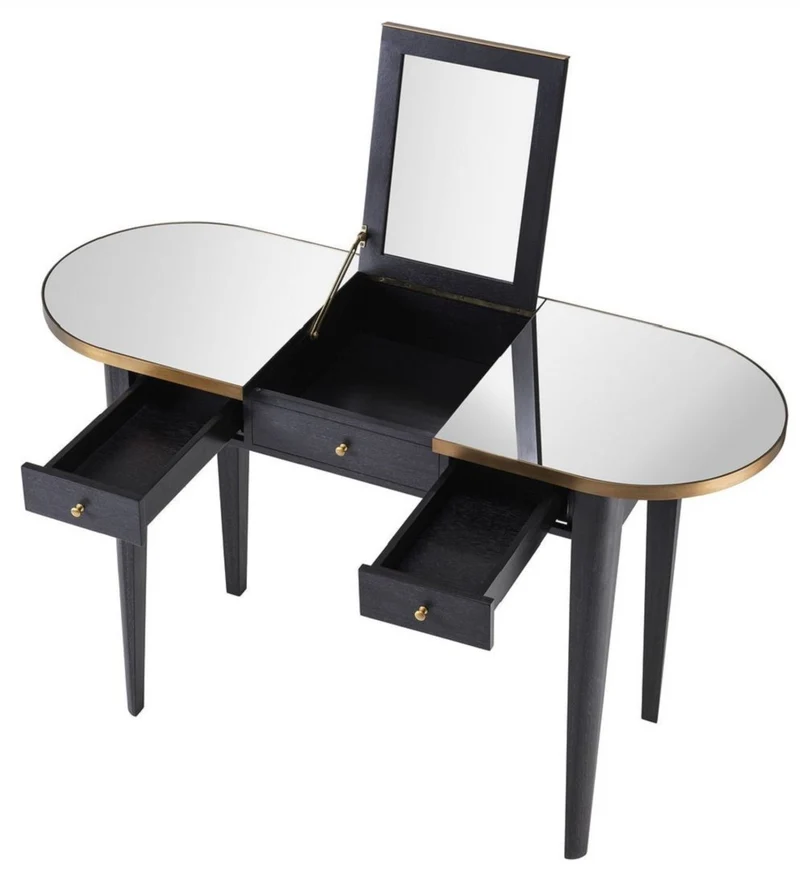 Casa Padrino Luxus Schminktisch Anthrazit / Messing 126 x 47 x H. 78,5-119,5 cm - Mahagoni Schmink Konsole mit ausklappbarem Spiegel und 3 Schubladen - Luxus Schlafzimmer Möbel