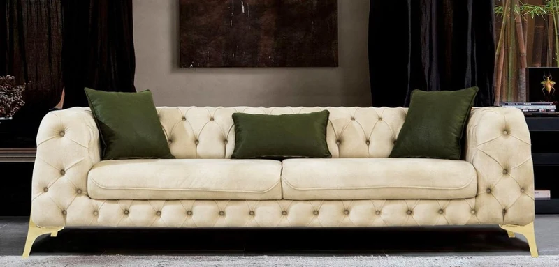 Casa Padrino Luxus Chesterfield Schlafsofa Cremefarben / Gold 250 x 95 x H. 72 cm - Modernes Wohnzimmer Sofa - Chesterfield Wohnzimmer Möbel