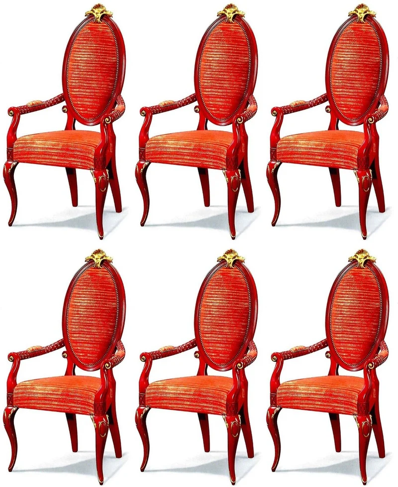 Casa Padrino Luxus Barock Esszimmerstuhl Set Rot / Gold - Prunkvolles Barock Esszimmer Stühle 6er Set mit Armlehnen - Barock Esszimmer Möbel - Luxus Qualität - Made in Italy