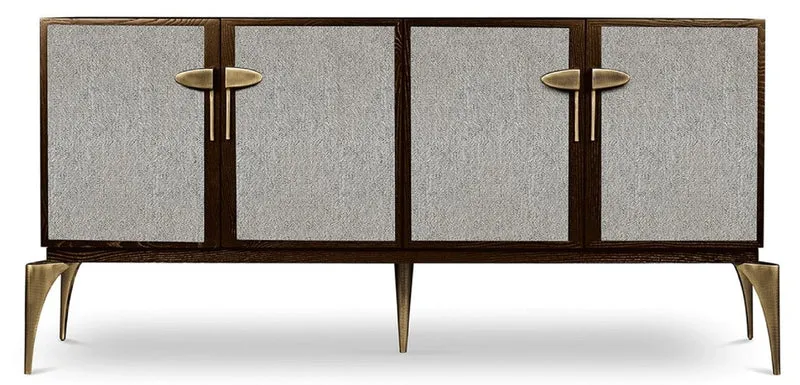 Casa Padrino Designer Sideboard Braun / Grau / Messing 192 x 46 x H. 90 cm - Massivholz Schrank mit 4 Türen - Wohnzimmer Möbel - Hotel Möbel - Luxus Kollektion