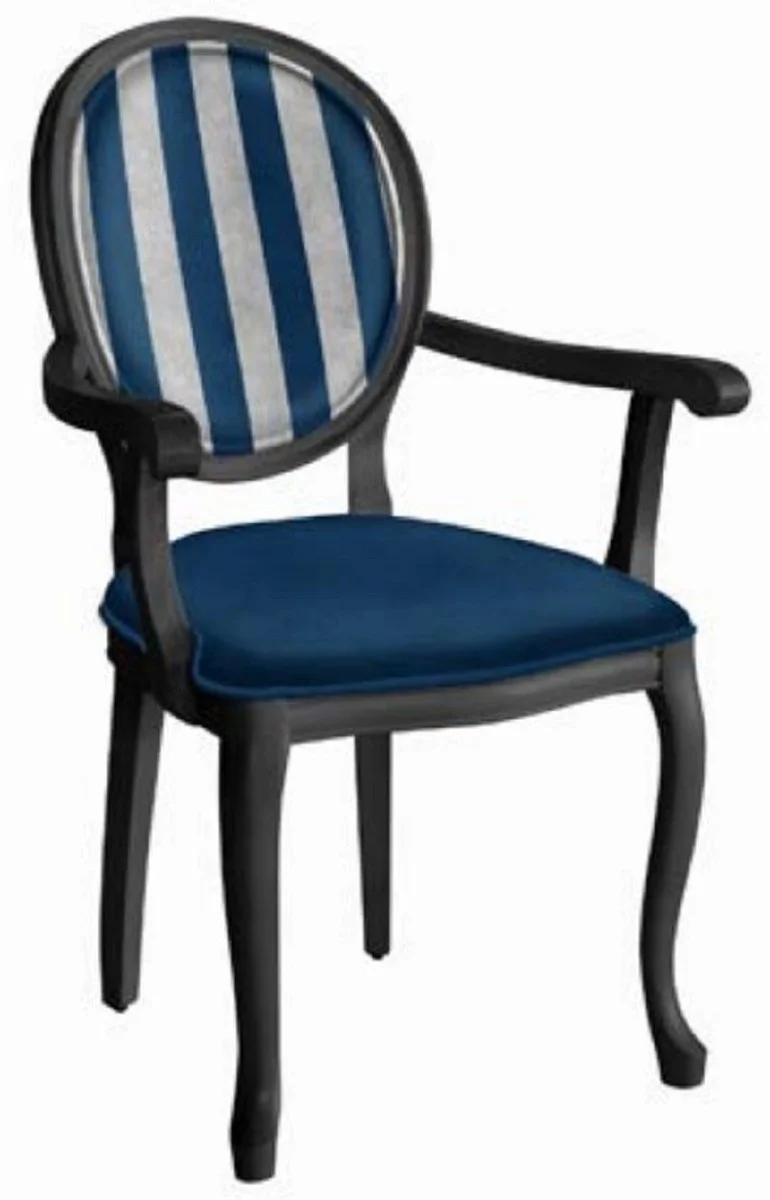 Casa Padrino Barock Esszimmerstuhl Blau / Silber / Schwarz - Handgefertigter Antik Stil Stuhl mit Armlehnen - Esszimmer Möbel im Barockstil