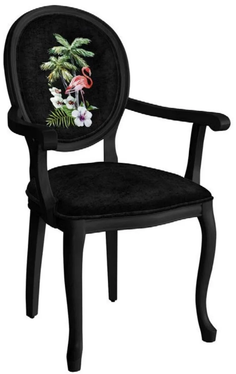 Casa Padrino Barock Esszimmerstuhl Schwarz / Mehrfarbig - Handgefertigter Antik Stil Stuhl mit Armlehnen - Esszimmer Möbel im Barockstil