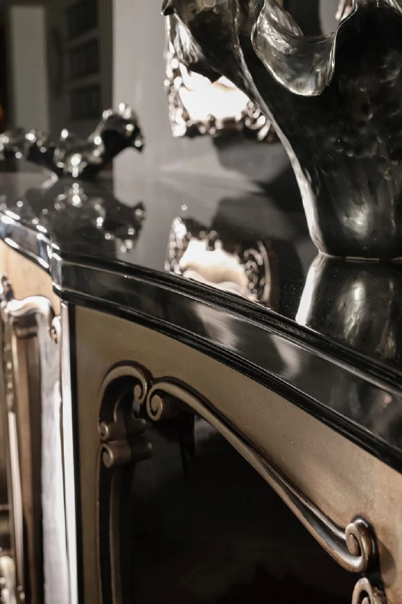 Casa Padrino Luxus Barock Sideboard Schwarz / Silber - Eleganter Massivholz Schrank mit 4 Türen - Barock Möbel