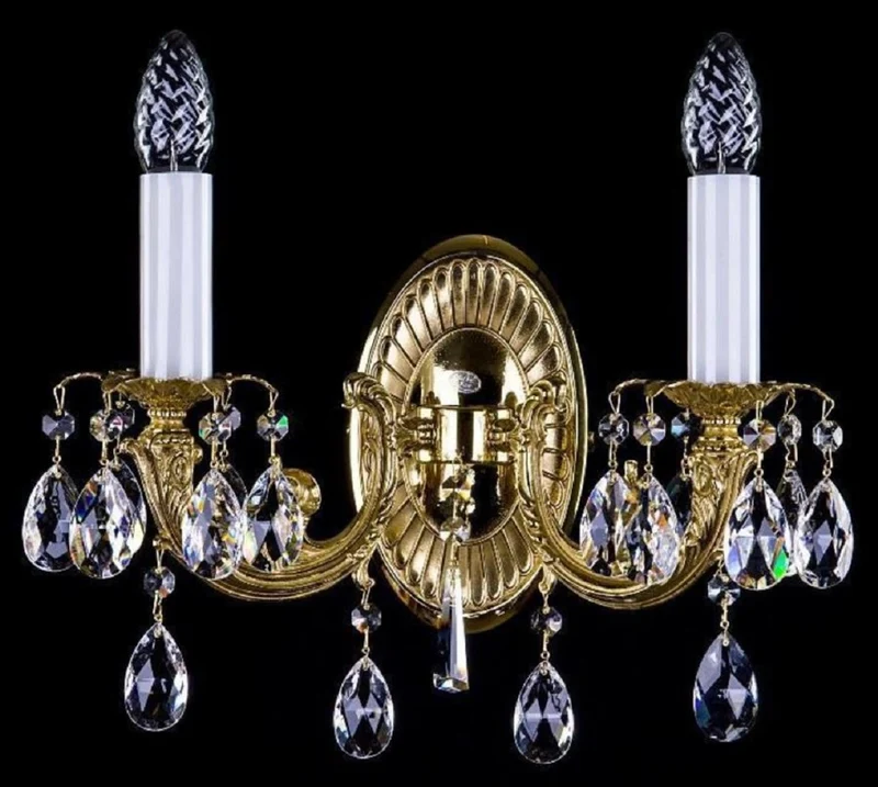 Casa Padrino Luxus Barock Kristall Doppel Wandleuchte Gold 36 x H. 28 cm - Prunkvolle Messing Wandlampe mit Böhmischem Kristallglas - Edel & Prunkvoll