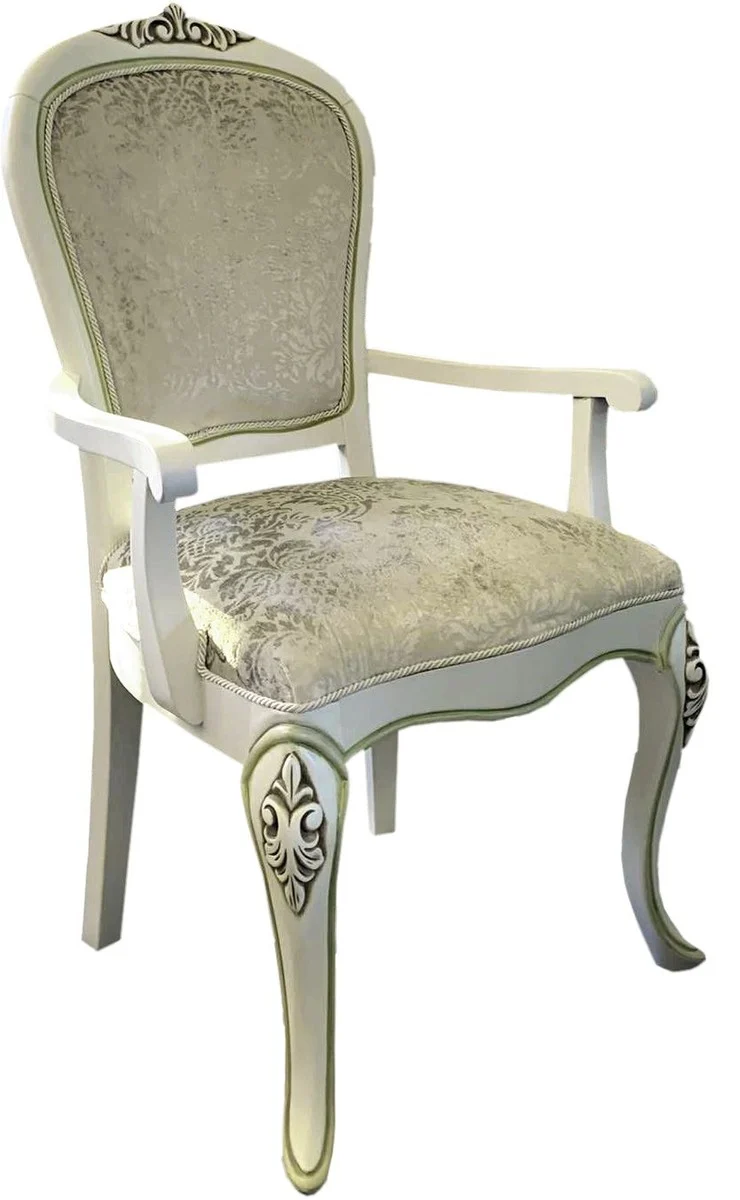 Casa Padrino Barock Luxus Esszimmerstuhl Weiss Barock Muster / Weiss, leicht Grün - Handgefertigter Antik Stil Stuhl mit Armlehnen - Esszimmer Möbel im Barockstil