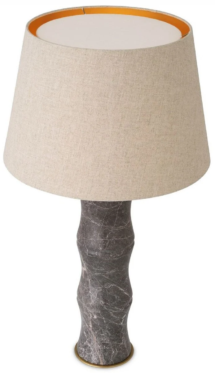 Casa Padrino Luxus Tischleuchte Grau / Antik Messing / Beige Ø 38 x H. 88 cm - Moderne Marmor Schreibtschleuchte in Bambus Optik - Luxus Kollektion