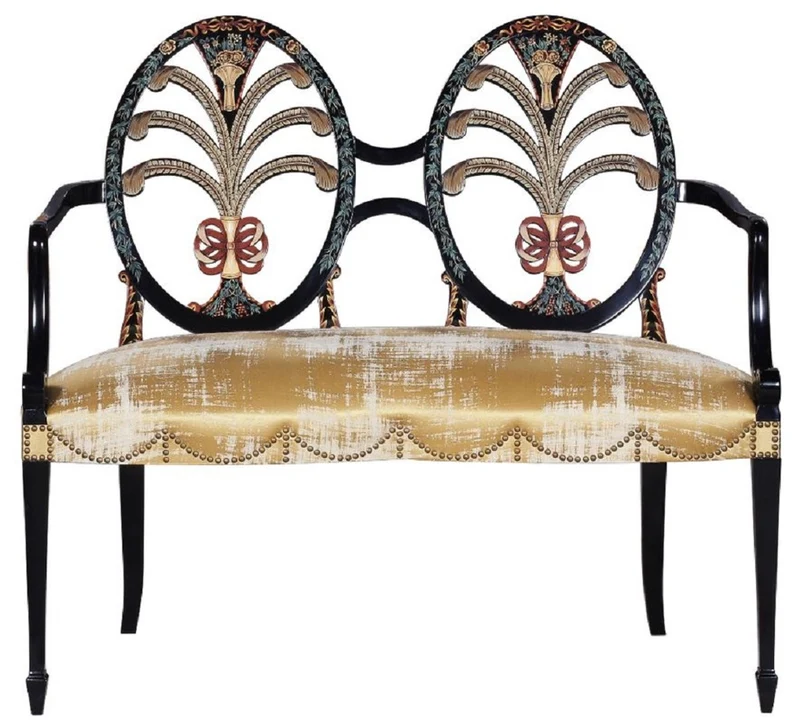 Casa Padrino Luxus Jugendstil Sitzbank mit Armlehnen Gold / Schwarz - Handgefertigte Massivholz Bank - Barock & Jugendstil Wohnzimmer Möbel