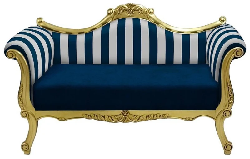 Casa Padrino Barock Sofa mit Streifen Blau / Weiß / Gold - Handgefertigtes Wohnzimmer Sofa im Barockstil - Barock Wohnzimmer Möbel