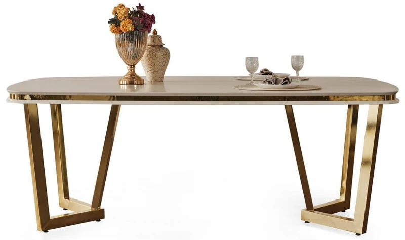 Casa Padrino Luxus Esstisch Weiß / Gold 207 x 104 x H. 78 cm - Rechteckiger Küchentisch - Luxus Esszimmer Möbel
