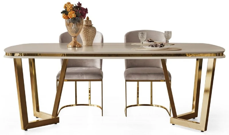 Casa Padrino Luxus Esstisch Weiß / Gold 207 x 104 x H. 78 cm - Rechteckiger Küchentisch - Luxus Esszimmer Möbel