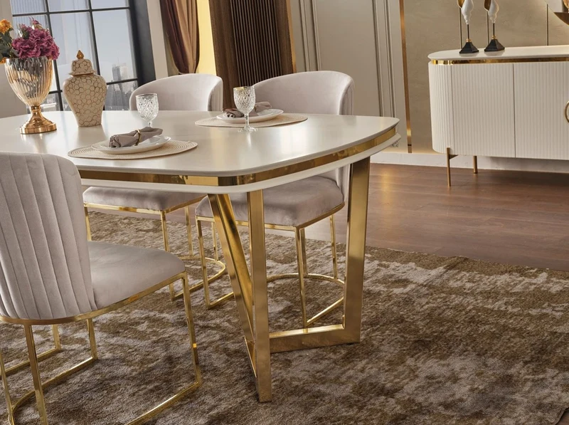 Casa Padrino Luxus Esstisch Weiß / Gold 207 x 104 x H. 78 cm - Rechteckiger Küchentisch - Luxus Esszimmer Möbel