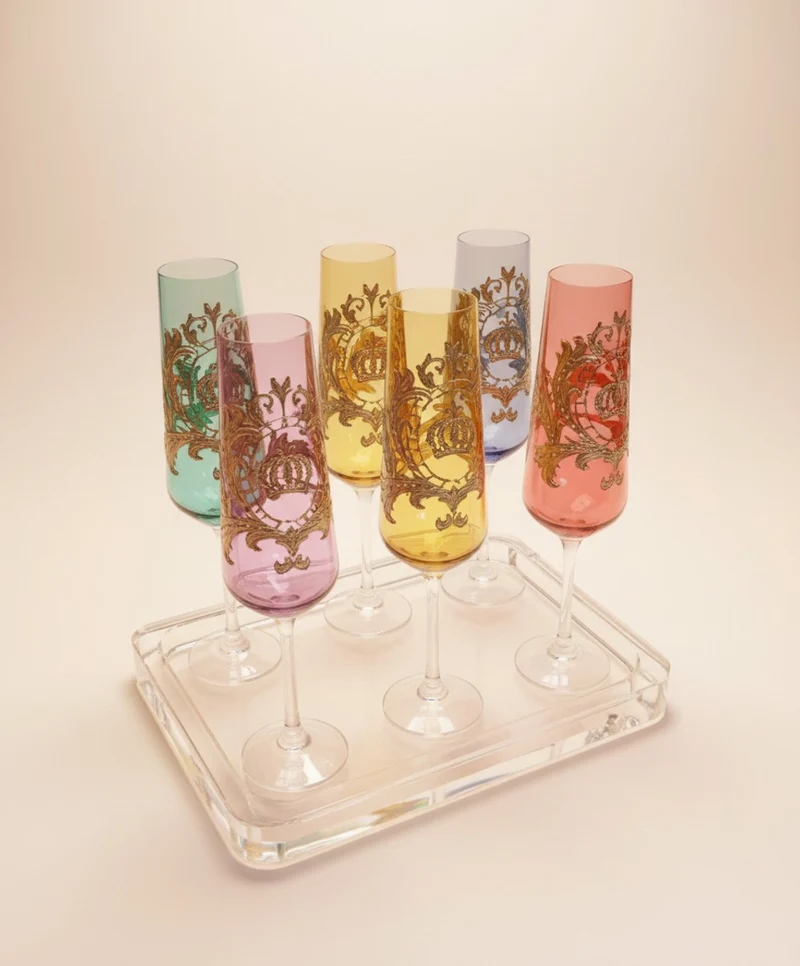 Pompöös by Casa Padrino Luxus Champagnerglas Set Bunt Ø 6 x H. 25 cm - Champagnergläser mit 24 Karat Vergoldung - Pompööse Gläser designed by Harald Glööckler