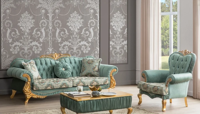 Casa Padrino Luxus Barock Wohnzimmer Set Grün / Gold - 2 Sofas mit Muster & 2 Sessel mit Muster & 1 Couchtisch - Wohnzimmer Möbel im Barockstil - Edel & Prunkvoll