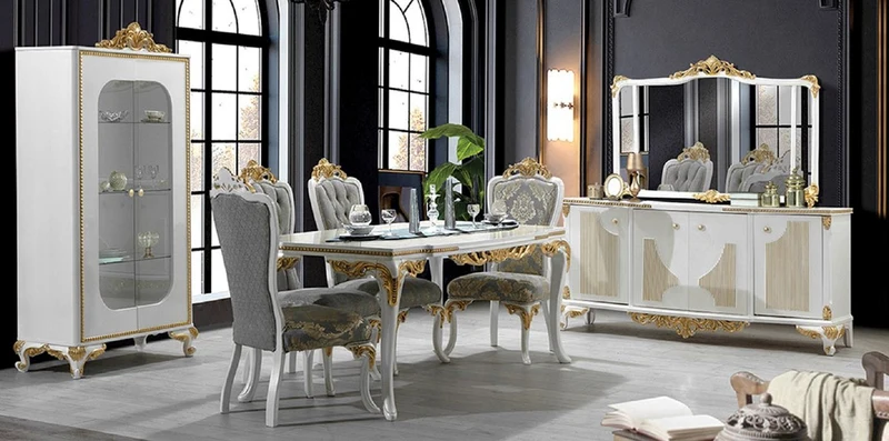 Casa Padrino Luxus Barock Esszimmer Set Grau / Weiß / Gold - 1 Barock Esstisch & 6 Barock Esszimmerstühle - Esszimmer Möbel im Barockstil - Edel & Prunkvoll
