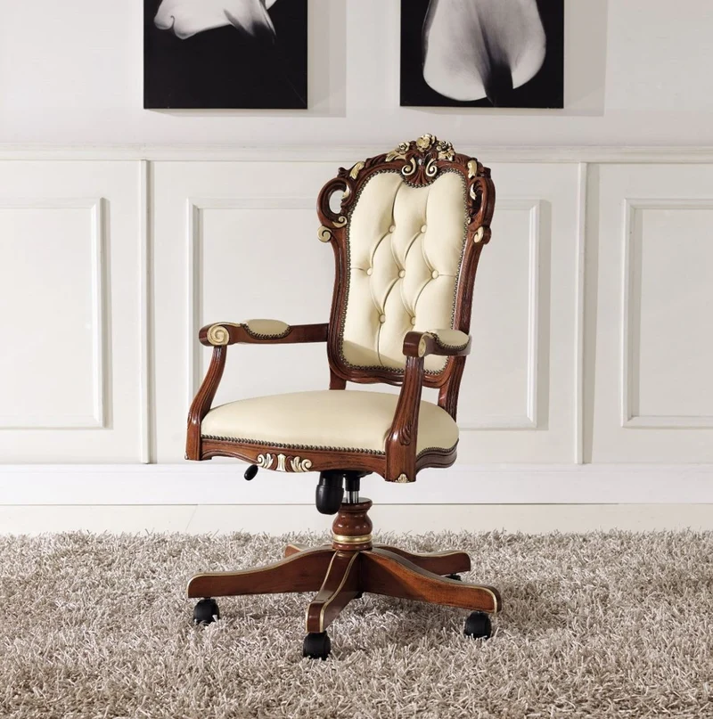 Casa Padrino Luxus Barock Bürostuhl Beige / Braun / Gold 57 x 48 x H. 107-117 cm - Höhenverstellbarer Schreibtischstuhl mit Echtleder - Barock Büro Möbel - Luxus Qualität - Made in Italy