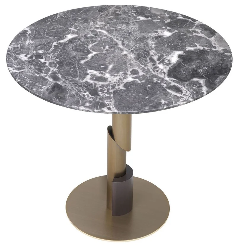 Casa Padrino Luxus Esstisch Grau / Messingfarben / Dunkelbraun Ø 85 x H. 76 cm - Runder Esszimmertisch mit Marmorplatte - Esszimmer Möbel - Luxus Qualität