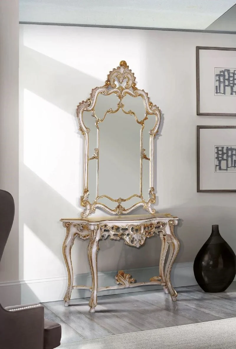 Casa Padrino Luxus Barock Konsole Weiß / Antik Gold - Handgefertigter Massivholz Konsolentisch - Barock Möbel - Luxus Qualität - Made in Italy