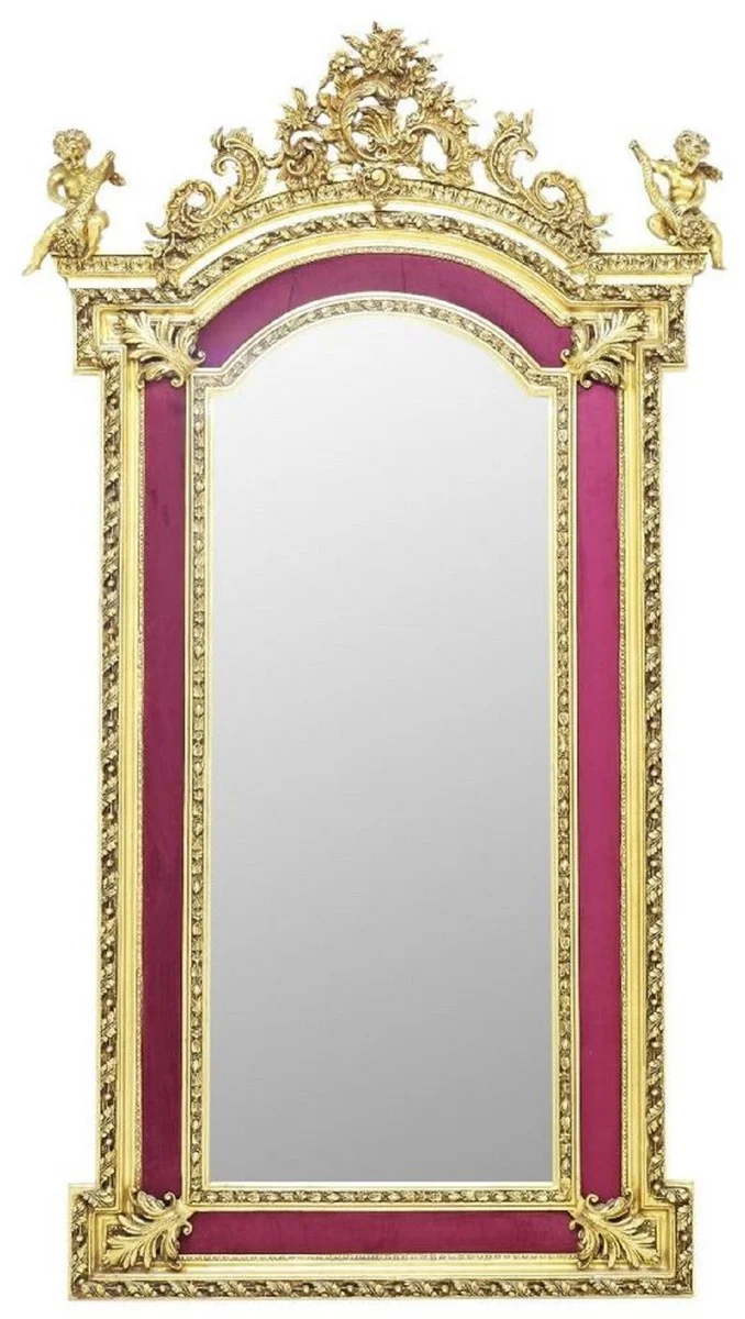 Casa Padrino Barock Standspiegel mit dekorativen Engelsfiguren Bordeauxrot / Gold - Handgefertigter Massivholz Spiegel im Barockstil - Barock Möbel - Edel & Prunkvoll