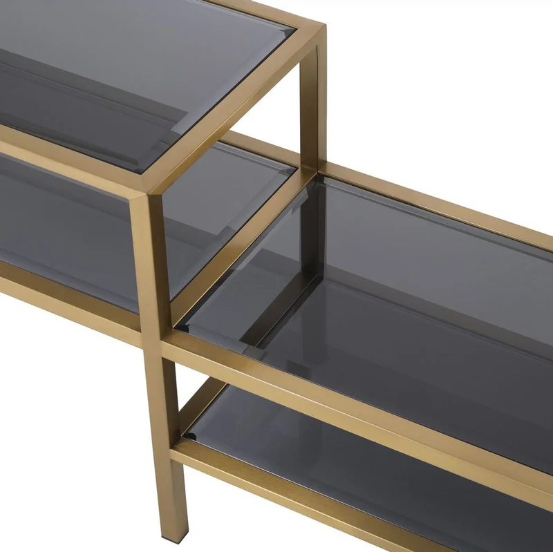 Casa Padrino Luxus TV Schrank Messingfarben / Grau 230 x 45,5 x H. 65 cm - Edelstahl Sideboard mit getönten Glasplatten - Luxus Wohnzimmer Möbel