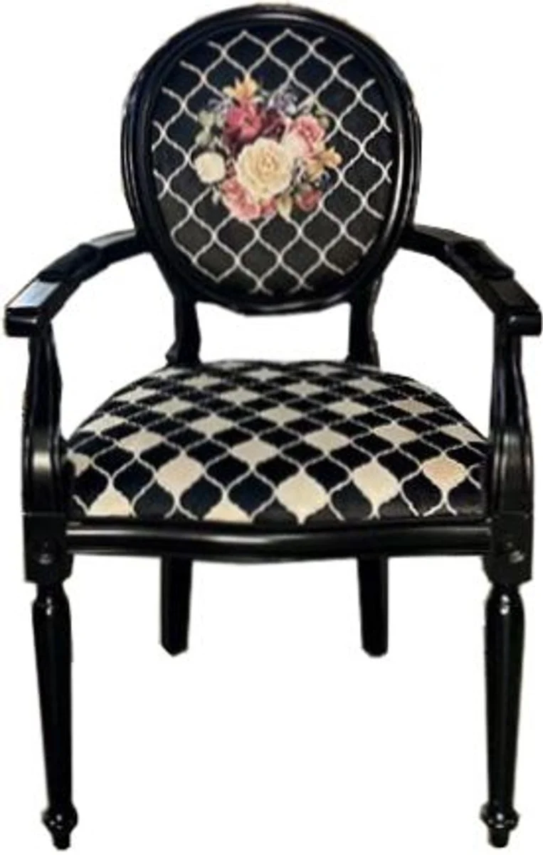 Casa Padrino Luxus Barock Esszimmerstuhl Schwarz / Weiß / Mehrfarbig - Handgefertigter Antik Stil Stuhl mit Armlehnen - Esszimmer Möbel im Barockstil