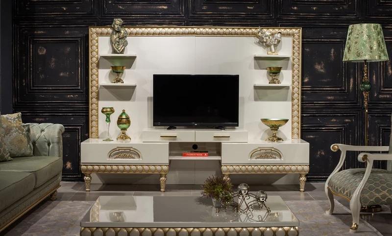 Casa Padrino Luxus Barock TV Schrank Weiß / Gold - Prunkvolles Wohnzimmer Sideboard mit Rückwand - Barock Wohnzimmer Möbel