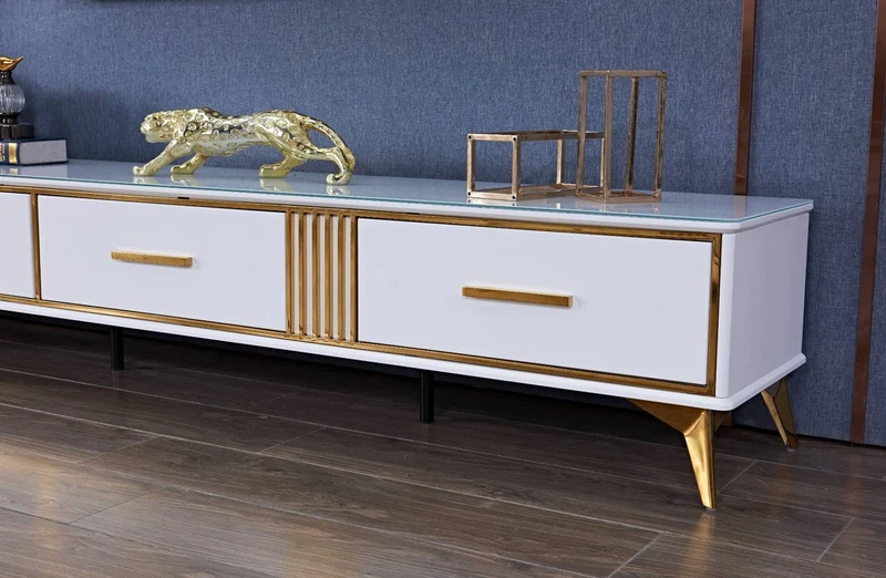 Casa Padrino Luxus TV Schrank Weiß / Gold 200 x 40 x H. 41 cm - Modernes Wohnzimmer Sideboard mit 3 Schubladen - Moderne Wohnzimmer TV Möbel
