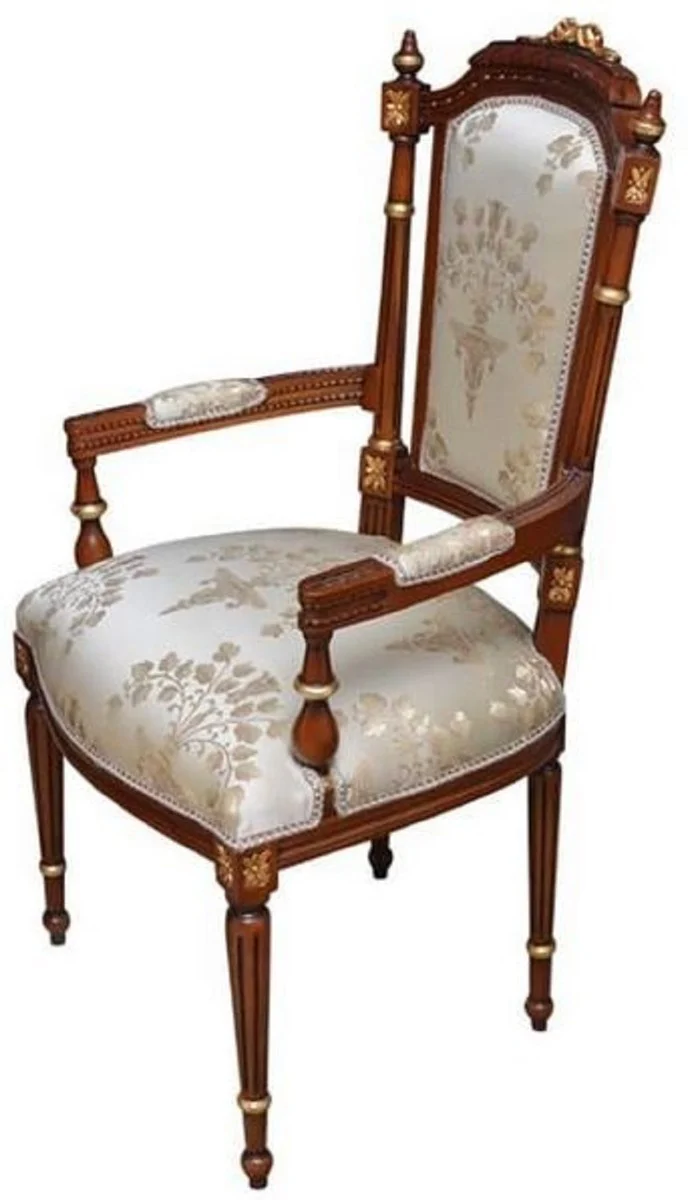 Casa Padrino Barock Esszimmerstuhl Cremefarben / Braun / Gold - Handgefertigter Antik Stil Stuhl mit Armlehnen - Esszimmer Möbel im Barockstil