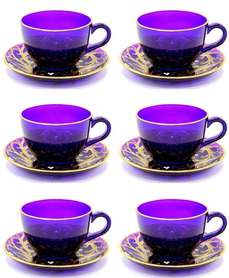 Casa Padrino Luxus Barock Kaffee / Tee Tassen 6er Set Lila / Gold - Handgefertigte & handbemalte Tassen mit Untertassen - Hotel & Restaurant Accessoires - Luxus Qualität