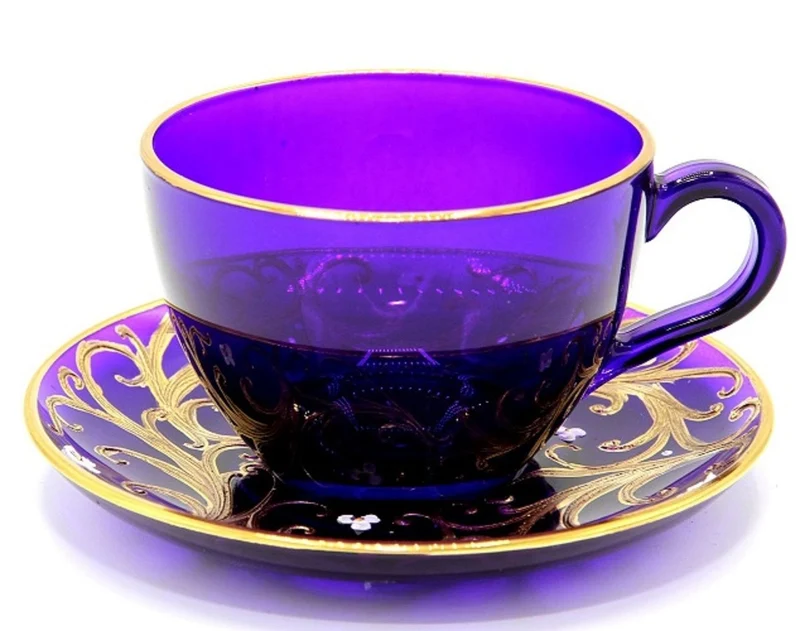 Casa Padrino Luxus Barock Kaffee / Tee Tassen 6er Set Lila / Gold - Handgefertigte & handbemalte Tassen mit Untertassen - Hotel & Restaurant Accessoires - Luxus Qualität