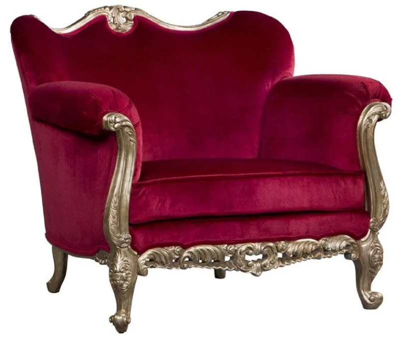 Casa Padrino Luxus Barock Sessel Rot / Antik Gold - Prunkvoller Antik Stil Wohnzimmer Sessel - Barock Wohnzimmer Möbel - Edel & Prunkvoll