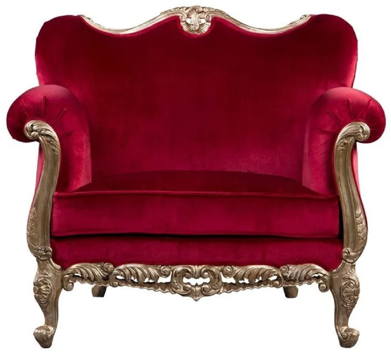 Casa Padrino Luxus Barock Sessel Rot / Antik Gold - Prunkvoller Antik Stil Wohnzimmer Sessel - Barock Wohnzimmer Möbel - Edel & Prunkvoll
