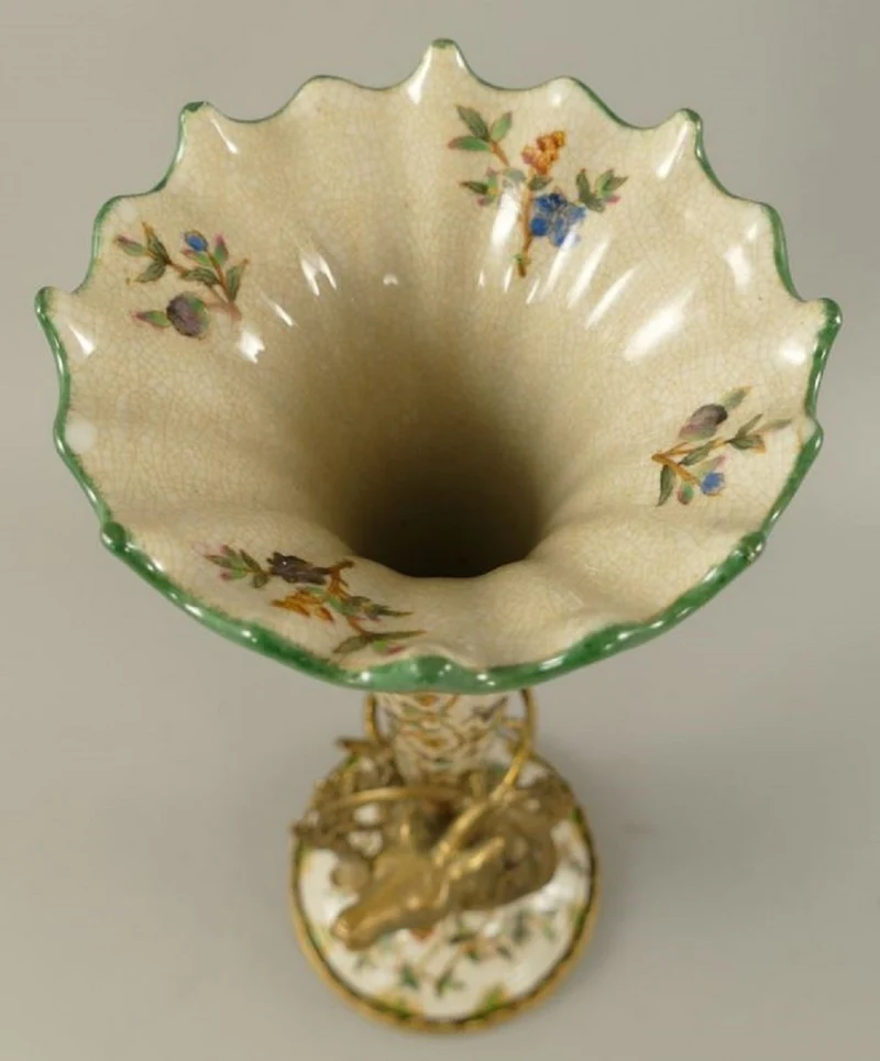 Casa Padrino Jugendstil Porzellan Vasen Set Creme / Mehrfarbig / Messing Ø 12 x H. 34 cm - Barock & Jugendstil Deko Accessoires