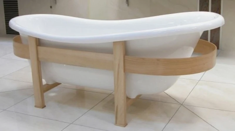 Casa Padrino Luxus Retro Badewanne Weiß / Naturfarben 178 x 76 x H. 73 cm - Freistehende Badewanne mit Holzrahmen - Retro Badezimmer Möbel