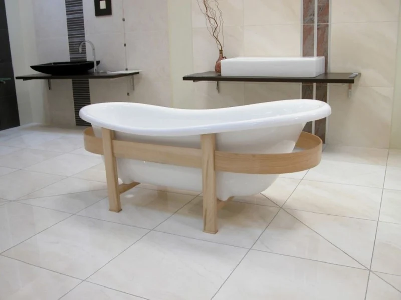 Casa Padrino Luxus Retro Badewanne Weiß / Naturfarben 178 x 76 x H. 73 cm - Freistehende Badewanne mit Holzrahmen - Retro Badezimmer Möbel