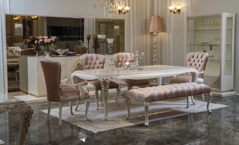 Casa Padrino Luxus Barock Esstisch Weiß / Beige - Edler Massivholz Esszimmertisch - Prunkvolle Barock Esszimmer Möbel