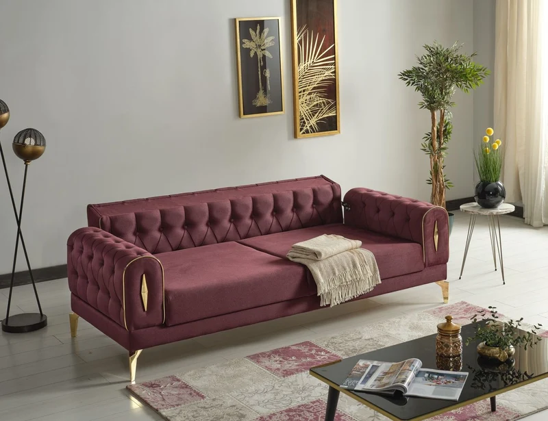 Casa Padrino Luxus Schlafsofa Weinrot / Gold 225 x 95 x H. 83 cm - Wohnzimmer Sofa mit 4 Kissen - Luxus Wohnzimmer Möbel