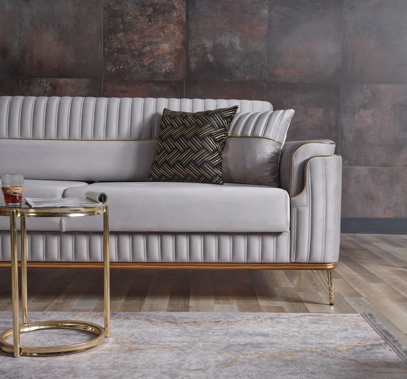 Casa Padrino Luxus Schlafsofa Hellgrau / Braun / Gold 228 x 94 x H. 88 cm - Wohnzimmer Sofa mit 3 Kissen - Luxus Wohnzimmer Möbel