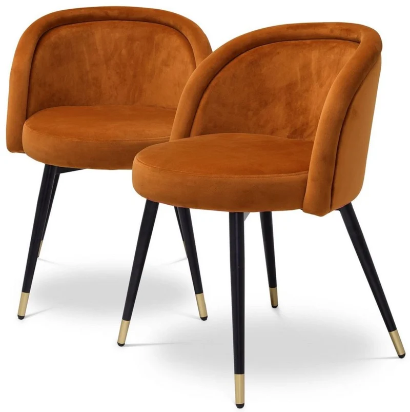 Casa Padrino Luxus Esszimmerstuhl Set Orange / Schwarz / Messing 57,5 x 58 x H. 77 cm - Edle Esszimmerstühle - Luxus Esszimmer Möbel